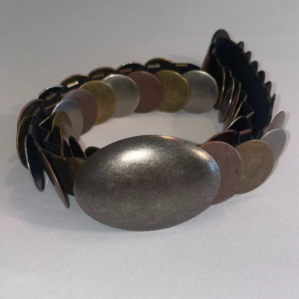 Vintage-Inspired Stretch Disc Belt Mixed Metal-tone Elastic Statement Belt